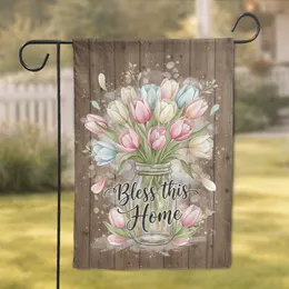 Bless This Home Tulips Mason Jar Rustic Wood - Farmhouse Decor Gift Garden Flag