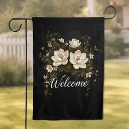 White Magnolia Camellia Welcome Script - Charcoal Background Home Decor Gift Garden Flag