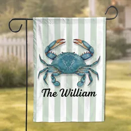 Large Blue Crab Custom Name Script Text Seafoam Vertical Stripe - Wildlife Ocean Home Decor Gift Garden Flag