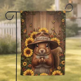 Squirrel Welcome Hat Sunflowers Autumn Wildflowers Monarch Butterflies - Home Decor Gift Garden Flag