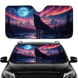 Howling Black Wolf Snow Mountains Full Moon Aurora Night Sky Car Interior Upgrade Car Sunshade