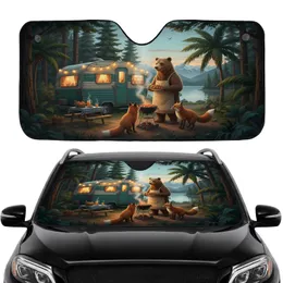 Brown Bear Red Foxes Travel Trailer Lakeside Mountains - Road Trip Gift for Campers Car Sunshade