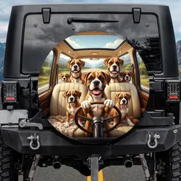 Boxer Dogs Driving Car Road Trip - Dog Lover Vehicle Decor Gift Spare Tire Cover