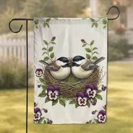Chickadee Birds Nest Purple Pansy Greenery Spring - Wildlife Lover Home Decor Gift Garden Flag