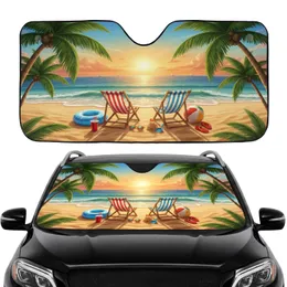 Tropical Beach Chairs Palm Trees Sunset Scene - Road Trip Travel Essentials Car Sunshade