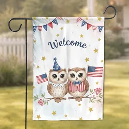Welcome Cartoon Owls US Flags Bunting Golden Stars - Patriotic Everyday Home Decor Garden Flag