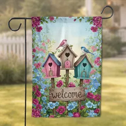 Three Birdhouses Welcome Sign Floral Garden - Home Decor Gift for Bird Lovers Garden Flag