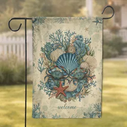 Blue Crabs Scallop Starfish Coral Seaweed Welcome Parchment - Coastal Home Decor Gift Garden Flag