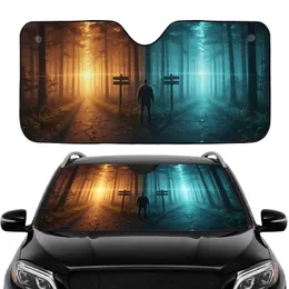 Man Crossroads Diverging Paths Sunlight Mist Forest Scene - Car Interior Upgrade Car Sunshade