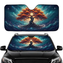 Majestic Tree of Life Autumnal Leaves Glowing Orb Cosmic Starry Landscape Car Interior Upgrade Car Sunshade