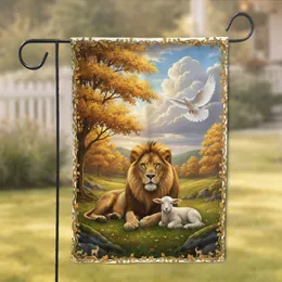 Lion Lamb Dove Autumn Landscape with Rolling Hills - Wildlife Lover Gift Garden Flag
