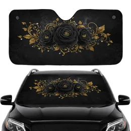 Opulent Dark Black Roses Golden Leaves Sparkling Crystal Accents - Car Interior Upgrade Car Sunshade