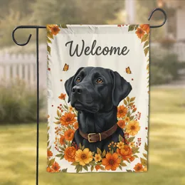 Black Labrador Welcome Sign Autumn Flowers - Home Decor Gift for Dog Lover Garden Flag