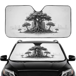 Stark Black White Ancient Trees Modern Cityscape - Auto Interior Upgrade Car Sunshade