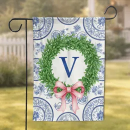 Botanical Boxwood Wreath Cobalt Custom Letter Pink Ribbon Chinoiserie Floral - Home Decor Gift Garden Flag