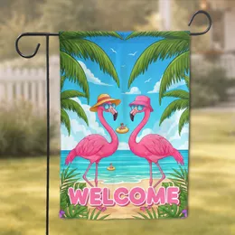 Wacky Flamingos Welcome Tropical Beach Ocean - Summer Home Decor Gift for Ocean Lovers Garden Flag