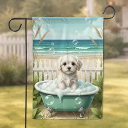Maltese Puppy Bathtub Beach Scene - Coastal Home Decor Gift for Pet Lovers Garden Flag