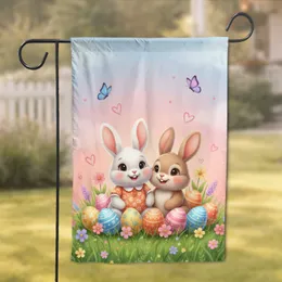 Fluffy Cartoon Bunnies Easter Eggs Spring Flowers - Easter Holiday Home Decor Garden Flag