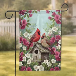 Cardinal Pair Birdhouse Blooming Flowers - Wildlife Lover Home Decor Gift Garden Flag