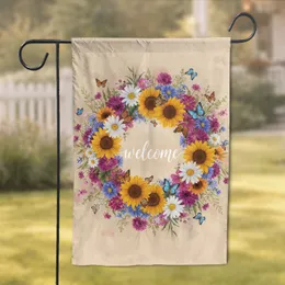 Welcome Wreath Floral Butterflies Sunflowers Asters - Everyday Home Decor Gift Garden Flag