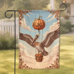 Brown Pelican Hot Air Balloon Autumn Pumpkins - Wildlife Lover Autumn Decor Gift Garden Flag