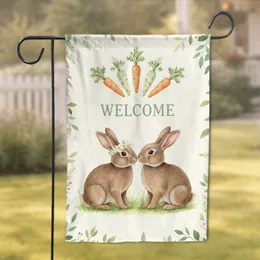 Brown Bunnies Floral Crown Welcome Carrots Green Grass Botanical Vines Home Decor Gift Garden Flag