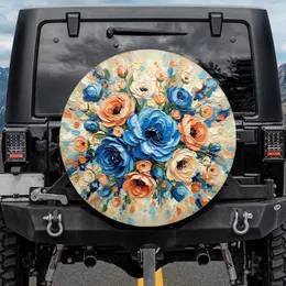Deep Navy Sky Blue Peach Orange Impasto Flowers Buds Splashes - Everyday Vehicle Decor Spare Tire Cover