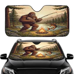 Sasquatch Fishing Campfire Mountain Lake Wilderness - Road Trip Gift for Bigfoot Lover Car Sunshade