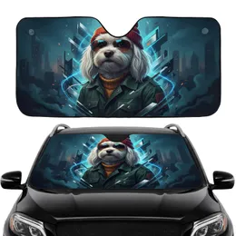 Fluffy White Dog Sunglasses Beanie Cityscape - Road Trip Travel Accessory Car Sunshade