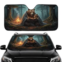 Grizzly Bear Cub Reading Book Campfire Forest - Road Trip Travel Essentials Bear Lover Gift Car Sunshade