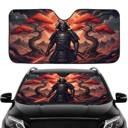 Samurai Warrior Mask Horned Helmet Ancient Trees Orange Moon - Car Interior Upgrade Car Sunshade