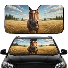 Friendly Brown Horse Golden Field Rural Landscape Road Trip Essentials for Horse Lovers Car Sunshade