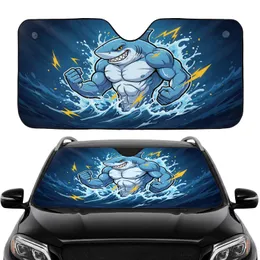 Muscular Cartoon Shark Flexing Arms Ocean Waves Energy Streaks - Car Interior Upgrade Car Sunshade
