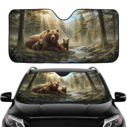 Mother Grizzly Bear Two Cubs Forest Stream Sunlit Woods - Wildlife Lover Car Interior Upgrade Car Sunshade