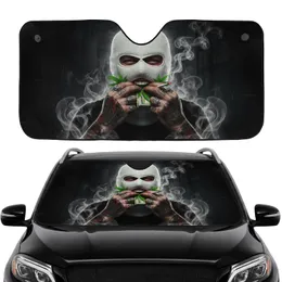 Maniacal Balaclava Mask Tattooed Hands Money Cannabis Cigarette - Road Trip Essentials Car Sunshade