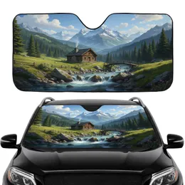 Rustic Log Cabin Stone Chimney Mountain River Bridge Alpine Forest Peaks - Road Trip Gift Car Sunshade
