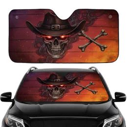 Menacing Skull Cowboy Hat Glowing Eye Crossbones Aged Charred Wood - Road Trip Gift Car Sunshade