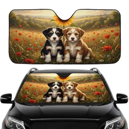 Fluffy Blue Eyed Puppies Sunflower Poppies Golden Meadow Car Interior Upgrade Car Sunshade