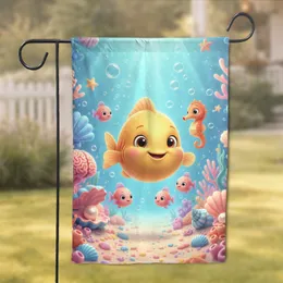 Cheerful Cartoon Fish Seahorse Seashell Coral Starfish - Ocean Lover Home Decor Gift Garden Flag
