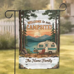 Custom Name Lakeside Camping Scene Vintage Camper Welcome Campsite - Campsite Decor Gift for Family Garden Flag