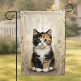 Upright Forward-Facing Calico Kitten Curious Gaze Continuous Detail Home Decor Gift for Cat Lover Garden Flag