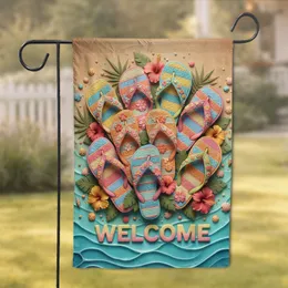 Welcome Flip Flops Sandals Hibiscus Palm Fronds Tropical - Summer Beach House Decor Garden Flag