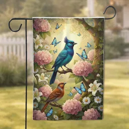 Blue Orange Birds Butterflies Hydrangea Lily Garden - Wildlife Lover Gift Garden Flag