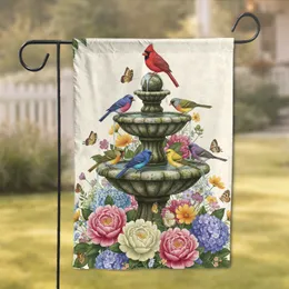 Stone Bird Bath Fountain Songbirds Garden Flowers Butterflies - Home Decor Gift Garden Flag