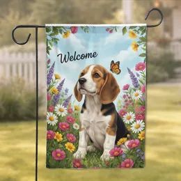 Beagle Puppy Welcome Wildflower Butterfly Home Decor Gift for Dog Lover Garden Flag