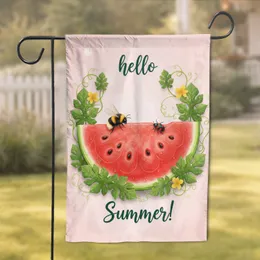 Juicy Watermelon Slice Bumblebee Beetle Vines Green Leaves Hello Summer - Summer Home Decor Gift Garden Flag