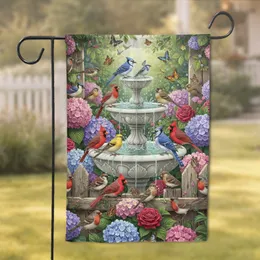 White Stone Bird Bath Colorful Songbirds Butterflies Hydrangea Garden - Home Decor Gift Garden Flag