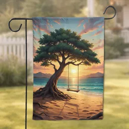Rustic Wooden Swing Majestic Tree Beach Ocean Golden Sunset - Home Decor Gift Garden Flag