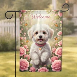 Welcome Bichon Frise Puppy Garden Roses - Everyday Home Decor Dog Lover Gift Garden Flag