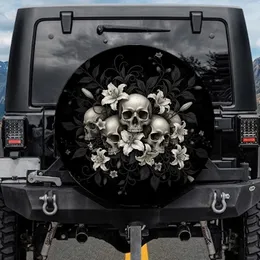 High Contrast Realistic Human Skulls White Flowers Dark Botanical Foliage - Unique Vehicle Accessory Spare Tire Cover